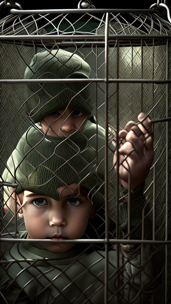 Digital artwork: Two faces with green headgear behind wire mesh, exploring captivity and protection themes.