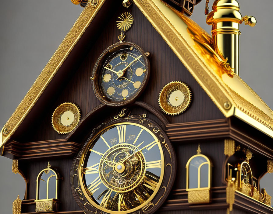 Intricate Golden Clock with Gears on Dark Background