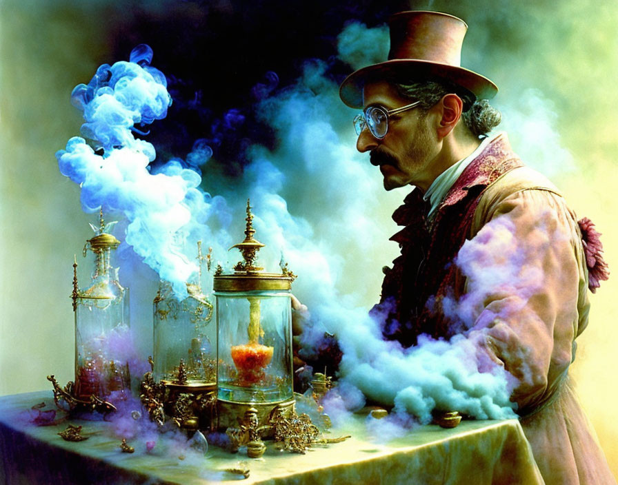 Victorian-era man in top hat with mustache views colorful smoke from scientific apparatus