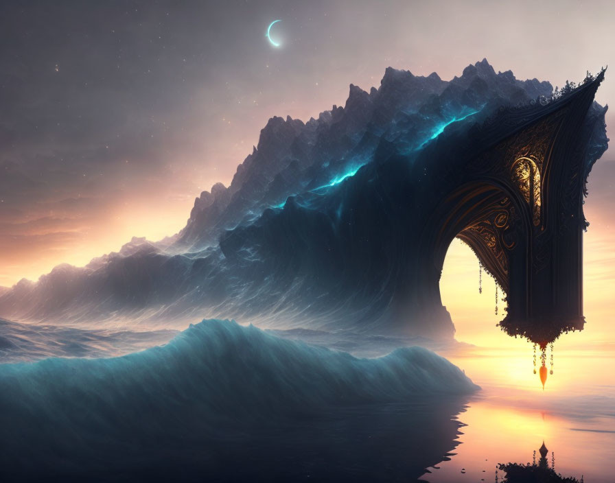 Surreal landscape: towering wave, ornate arch, twilight sky