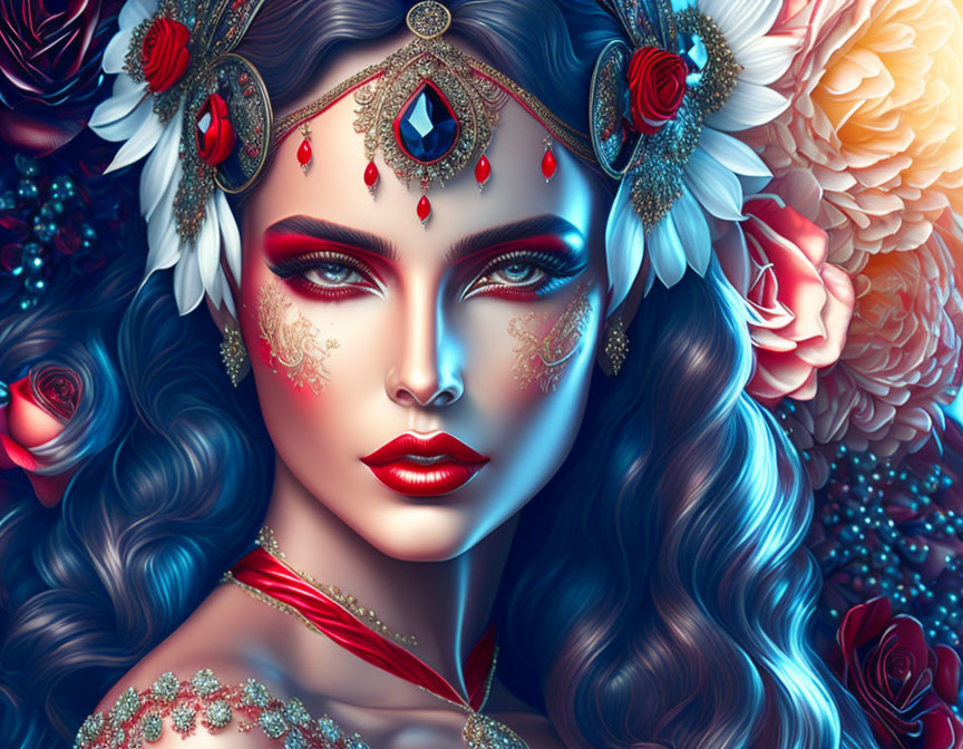 Illustrated portrait of woman with blue wavy hair, jewel headpiece, red roses, floral backdrop