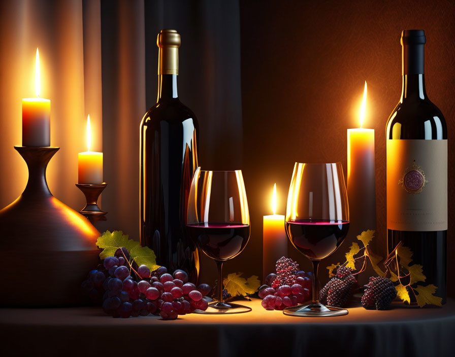 Sophisticated table setting with red wine, grapes, and candles