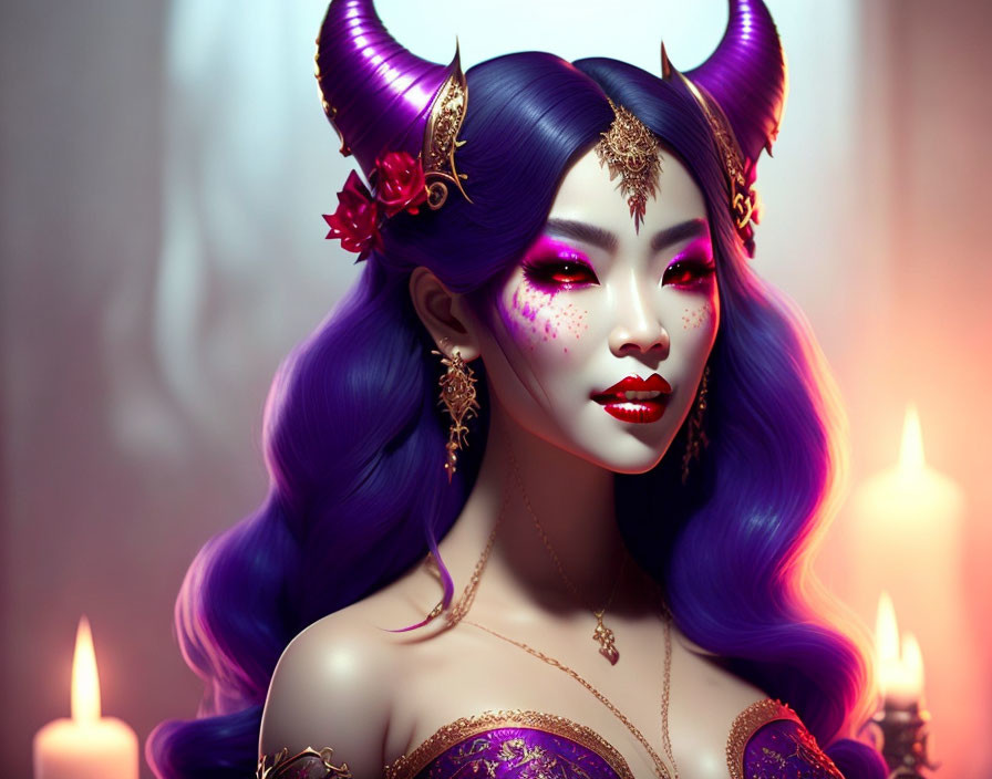 Fantasy Illustration: Woman with Purple Hair, Horns, and Ornate Makeup