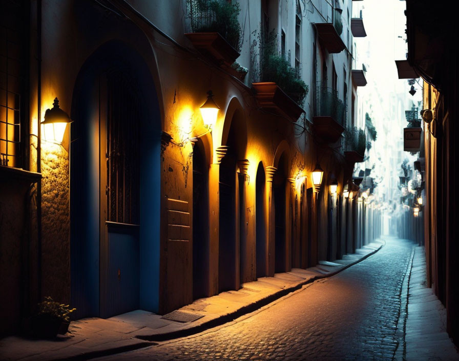 Twilight cobblestone alley with warm street lamps and archways