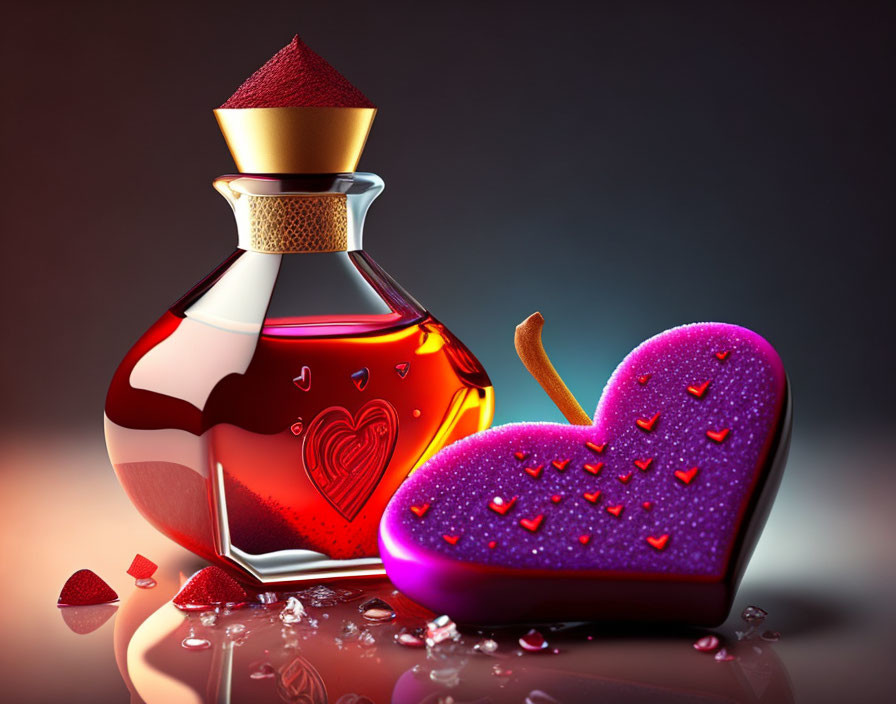 Perfumed Bottle with Red Gem and Violet Textured Heart on Reflective Surface