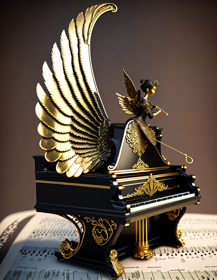 Black grand piano with golden wing embellishments and angelic violinist figurine on sheet music