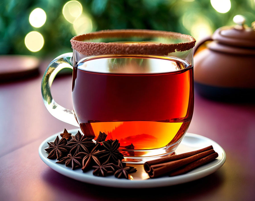 Cozy tea with cinnamon stick and star anise on saucer, paired with a biscuit,