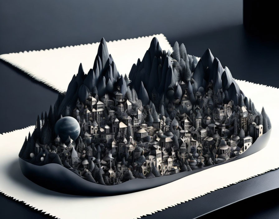 Detailed Monochromatic 3D Mountain Landscape with Buildings, Trees, and Moon Sphere