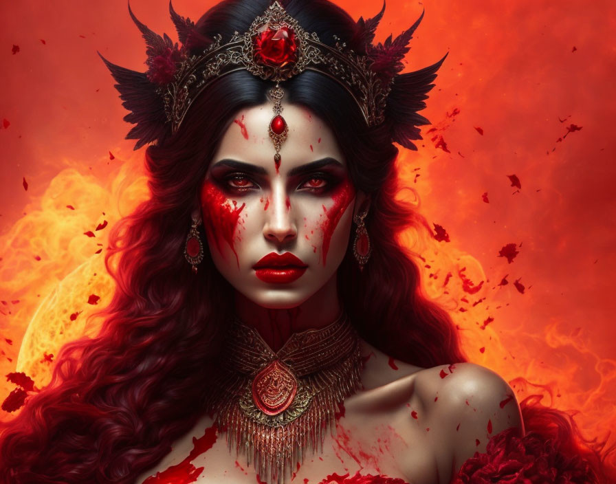 Dark-haired woman with dramatic makeup and red jeweled crown against fiery backdrop.