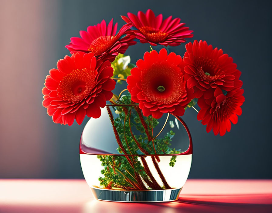 Round glass vase with red gerbera flowers and green stems on table in soft light