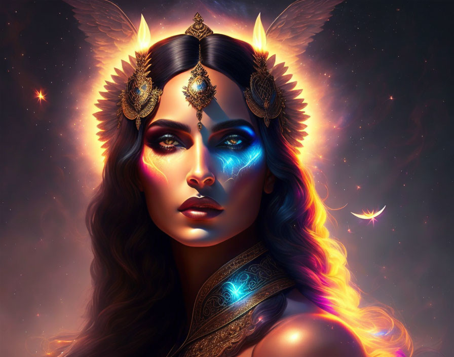 Mystical woman with glowing blue face markings and golden headpiece in starry setting