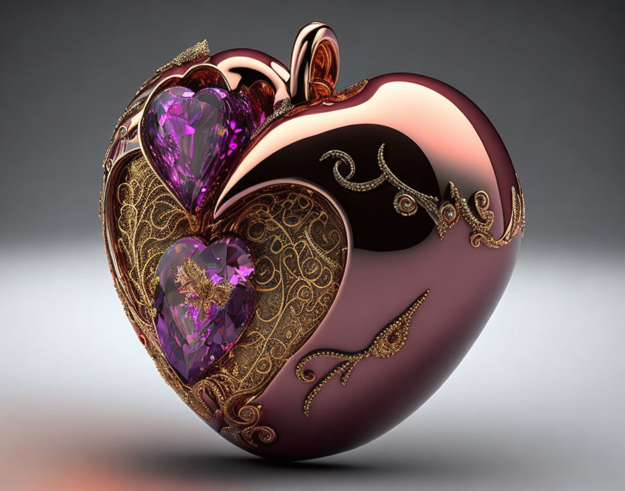 Metallic Heart with Gold Detailing and Purple Gemstones on Gradient Background