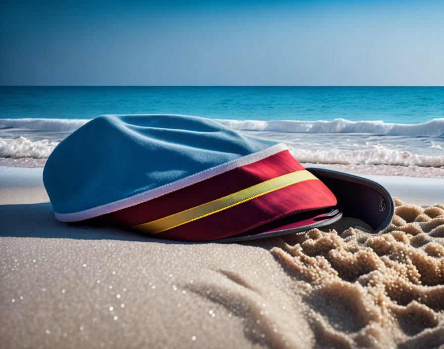 Vibrant Sun Hat on Sandy Beach with Blue Sky and Sea