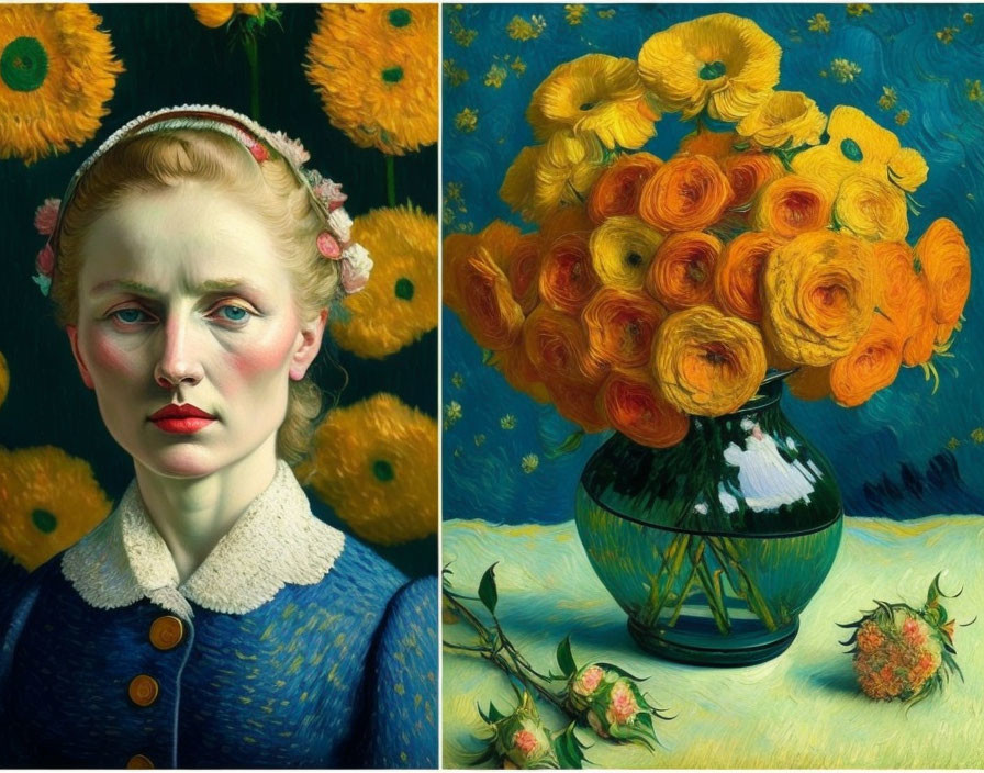 Portrait of woman with stern expression and floral hair next to vibrant bouquet in vase.