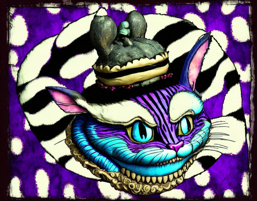 Colorful Cheshire Cat Artwork with Wide Grin and Purple Stripes