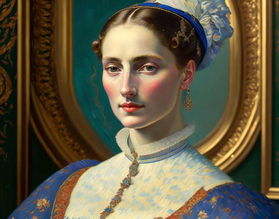 Portrait of Woman in Blue Dress with Golden Details and Matching Hat