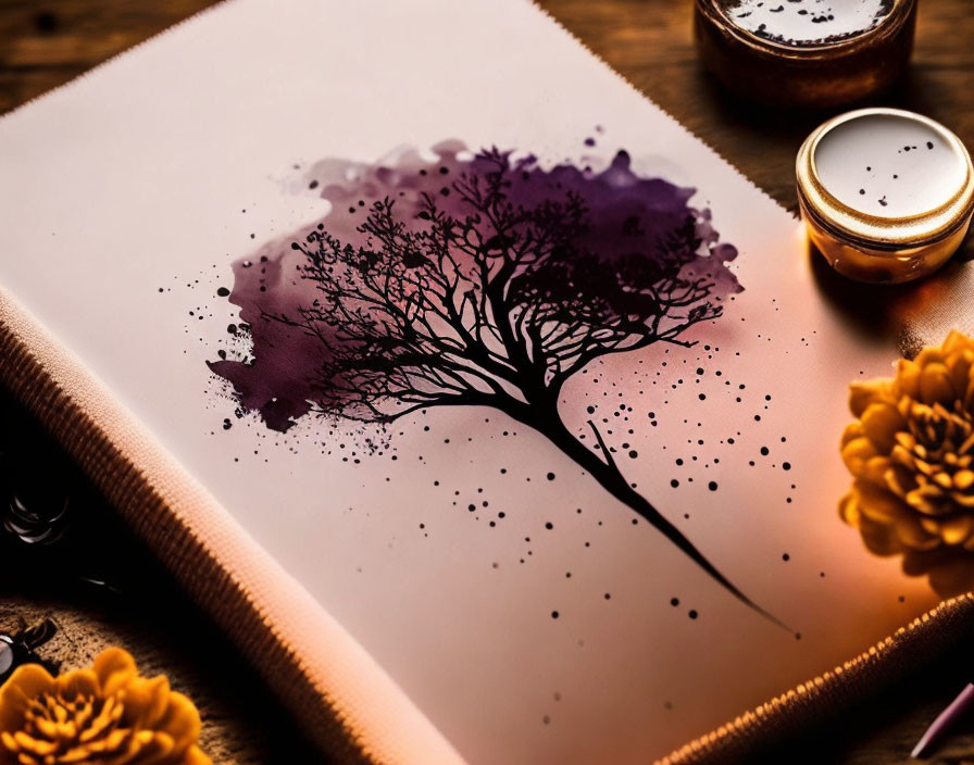 Watercolor painting of tree with purple hues, paint pots, yellow flowers on paper.