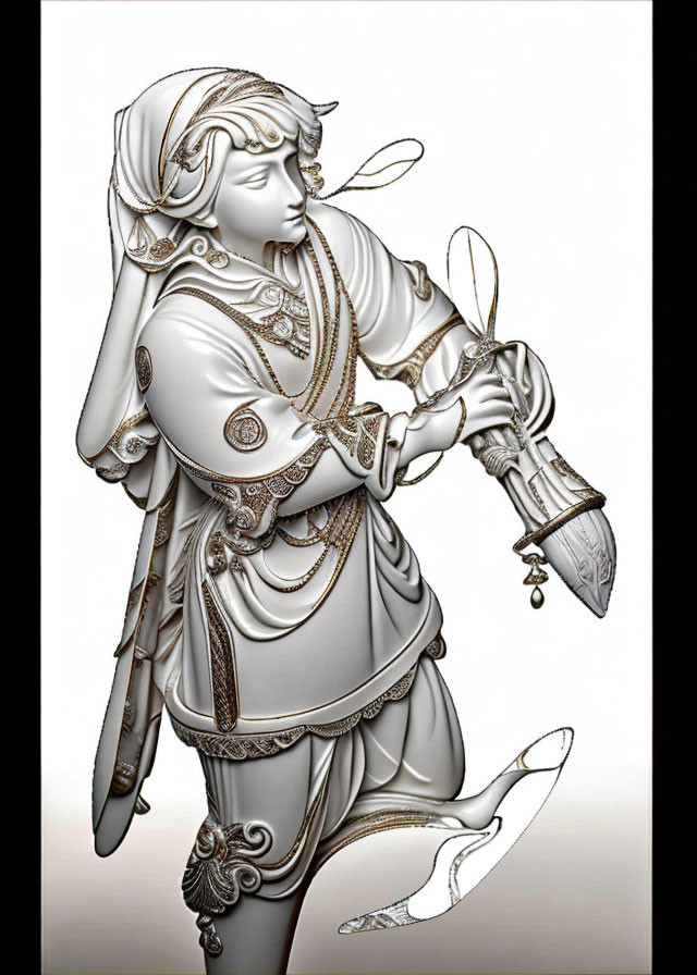 Detailed grayscale artwork of female figure in flowing robes with bell and ornate armor and sword.