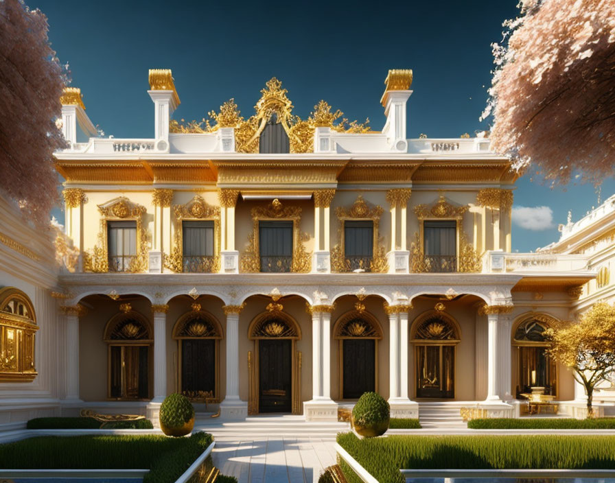 Luxurious Mansion with Golden Trimmings and Manicured Gardens