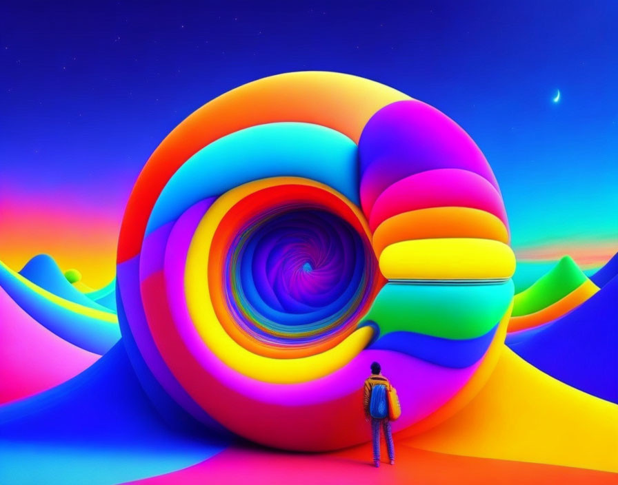 Person standing in vibrant, psychedelic swirl landscape at dusk