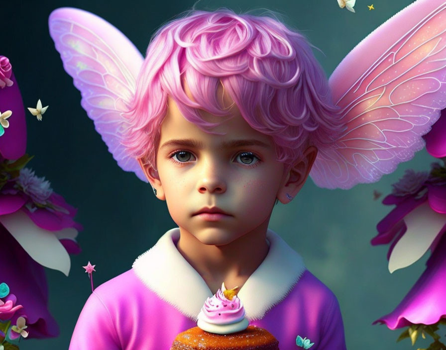 Child with Pink Hair and Fairy Wings Holding Cupcake Among Flowers and Butterflies