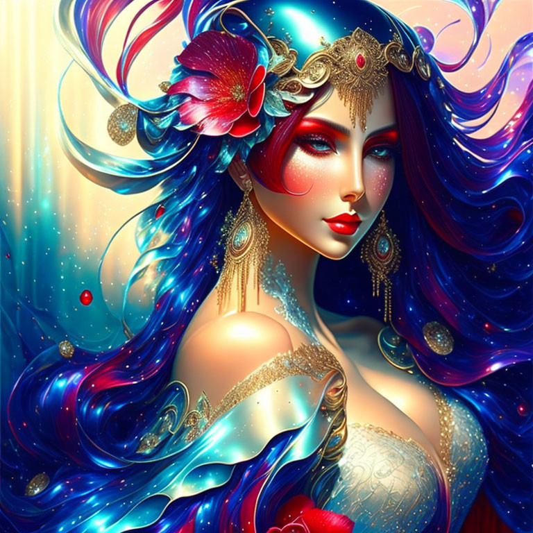 Colorful artwork of woman with blue hair and red flower in starlit scene