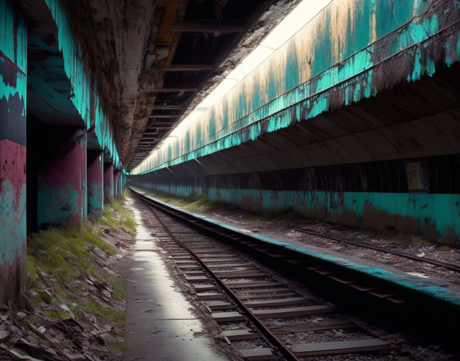 Abandoned subway tunnel with overgrown tracks and graffiti-marked walls