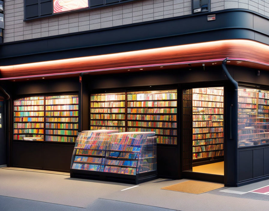 Colorful array of books in illuminated modern bookstore at dusk