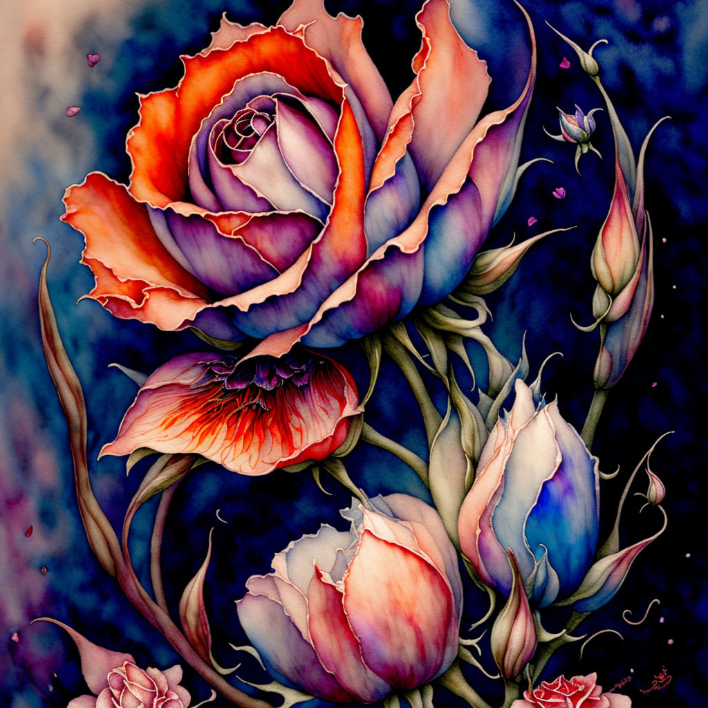 Colorful Watercolor Painting: Roses in Orange to Purple Gradient