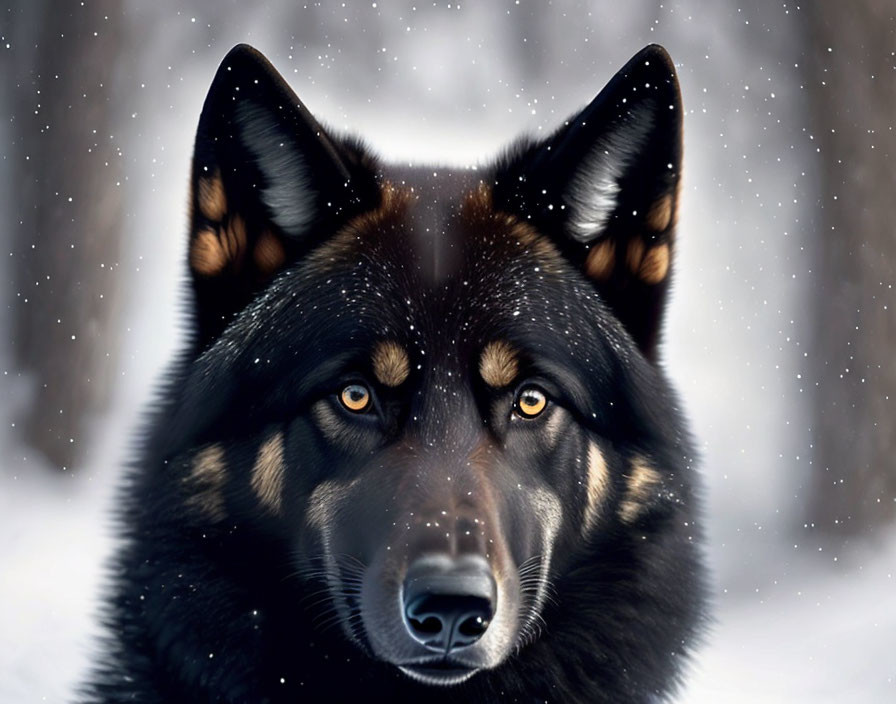 Black wolf with amber eyes in snowfall forest scene