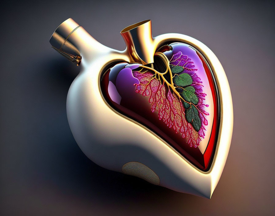 Anatomical heart-shaped vessel with metallic details and cutaway view.