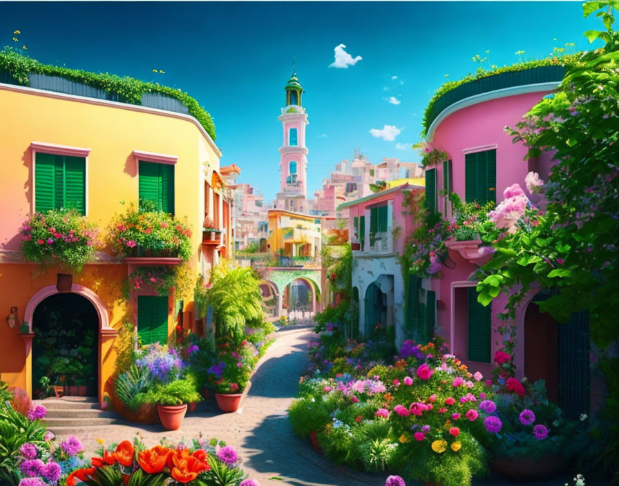 Colorful Buildings and Flower-Lined Street Towards Tower