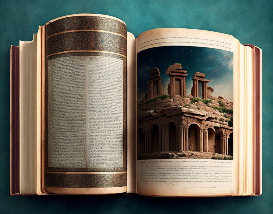 Open ornate book on teal background with text and ancient ruins illustration merging into starry sky.