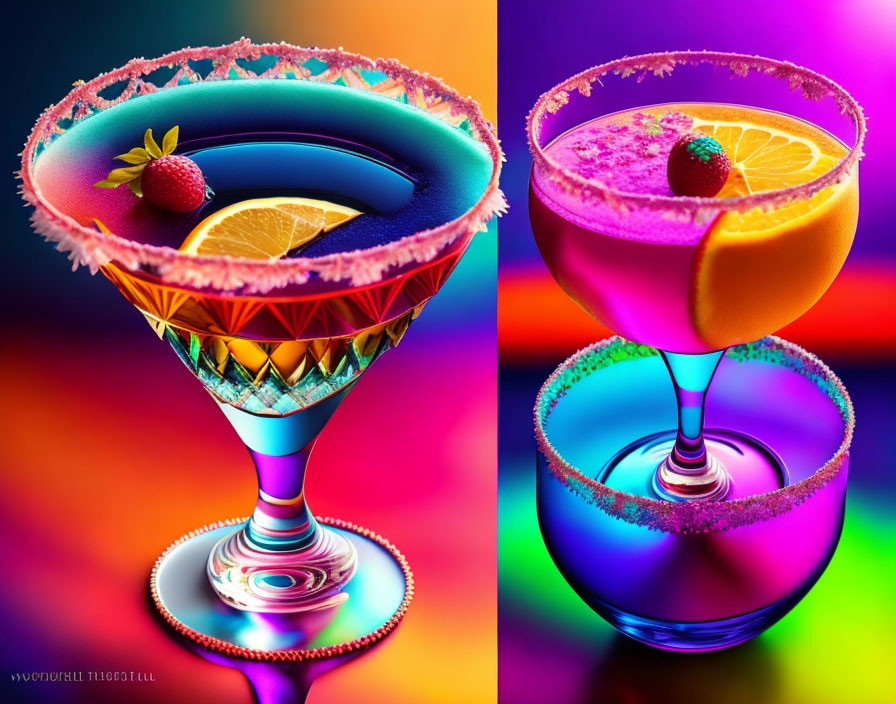 Colorful Cocktails with Sugar Rims and Fruit Garnish on Multicolored Background