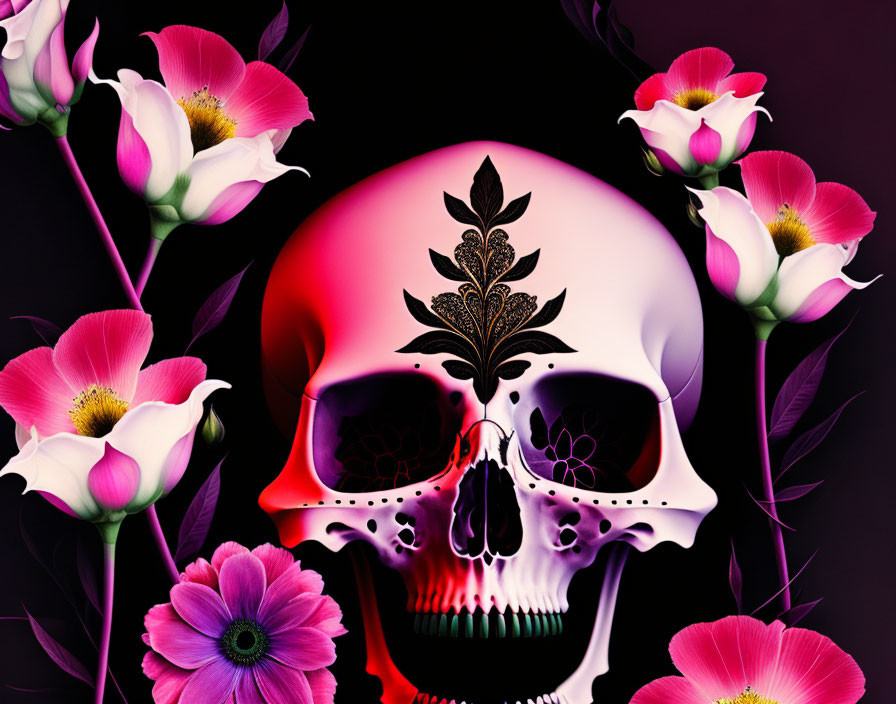 Vibrant human skull illustration with pink hues and floral design on dark background