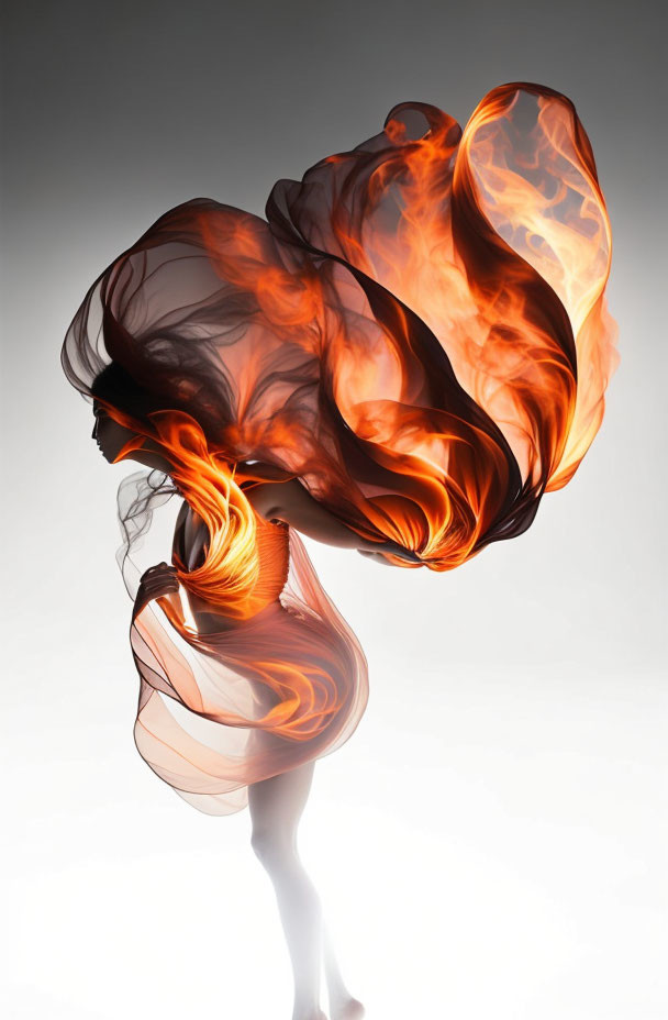 Silhouetted woman engulfed in flame-like fabric transformation.