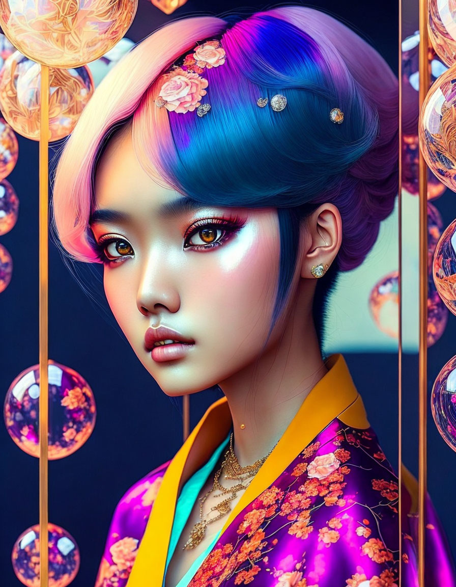 Vibrant blue and purple hair woman in colorful traditional robe surrounded by bubbles