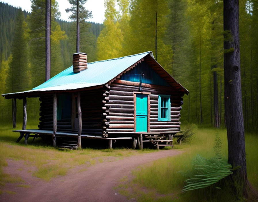 Rustic log cabin with turquoise shutters in lush forest