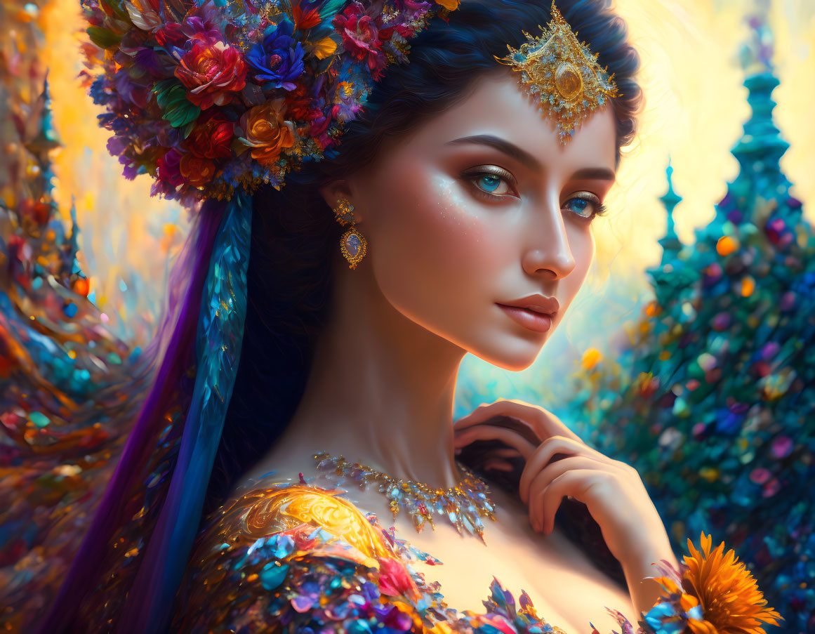 Woman Wearing Floral Crown and Golden Jewelry Surrounded by Colorful Flowers