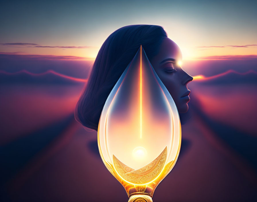 Surreal woman's profile merges with ornate lamp in twilight scene