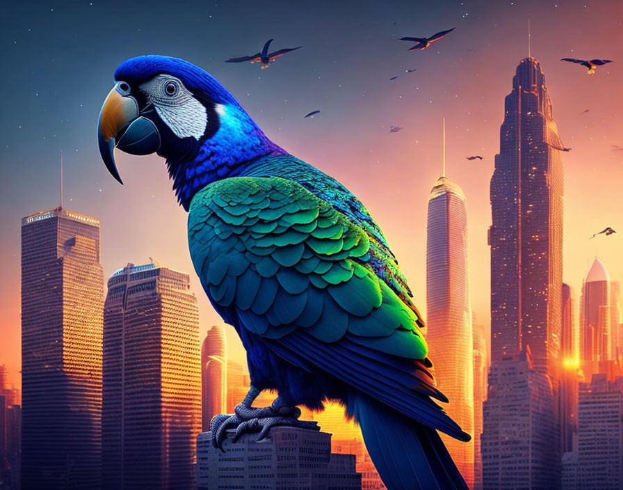 Colorful Macaw on Cityscape Background with Sunset Sky