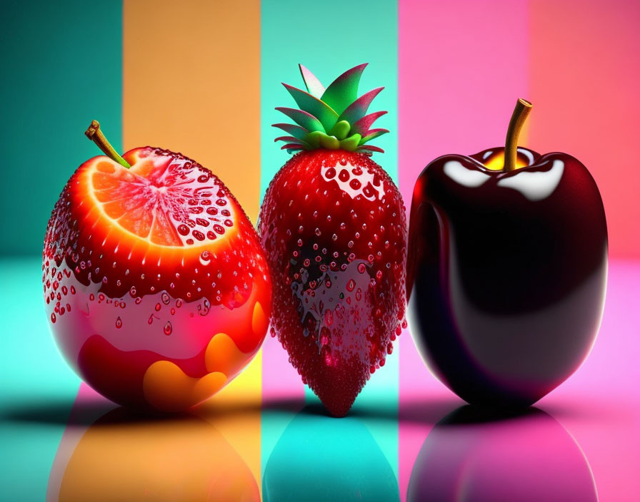 Stylized apple, strawberry, and cherry on reflective tri-color background