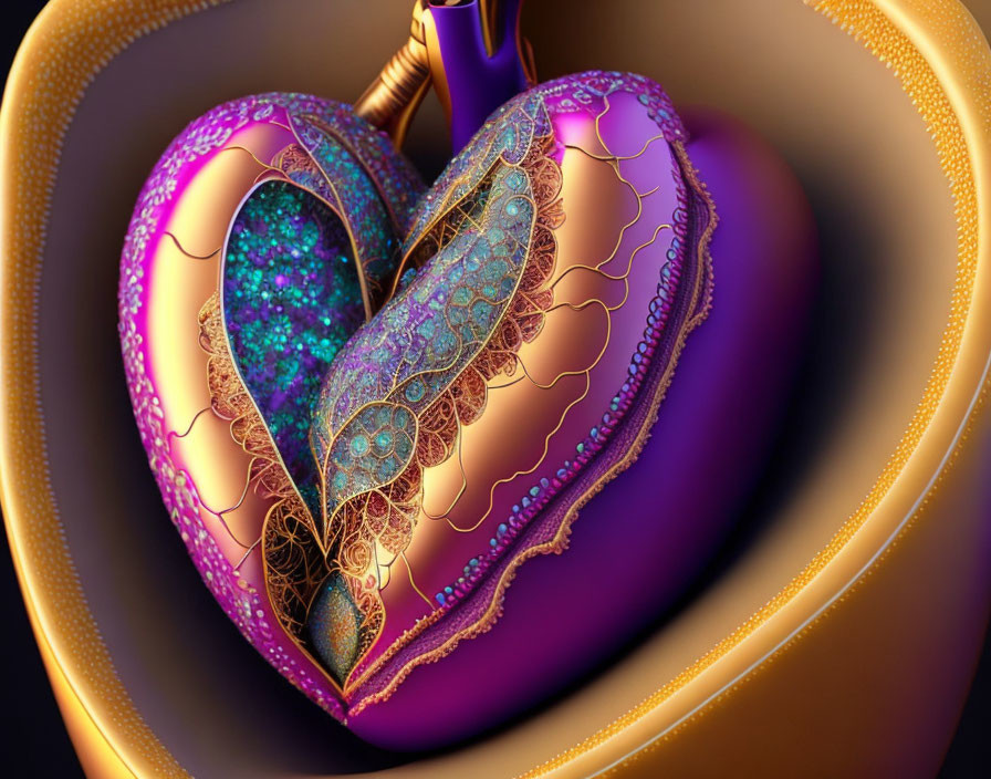 Stylized heart with golden and purple patterns on dark background