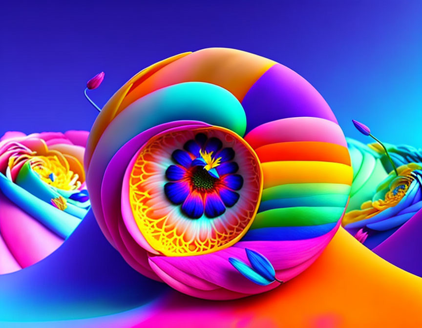 Colorful Abstract Digital Artwork with Swirling Shapes and Flower Patterns