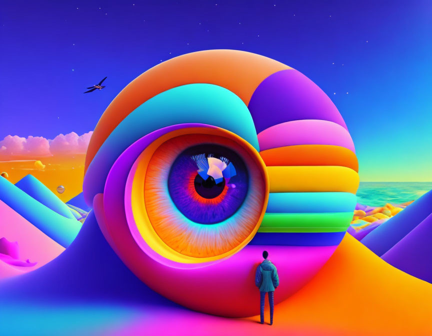 Surreal landscape with vibrant hills, giant eye, and colorful sky