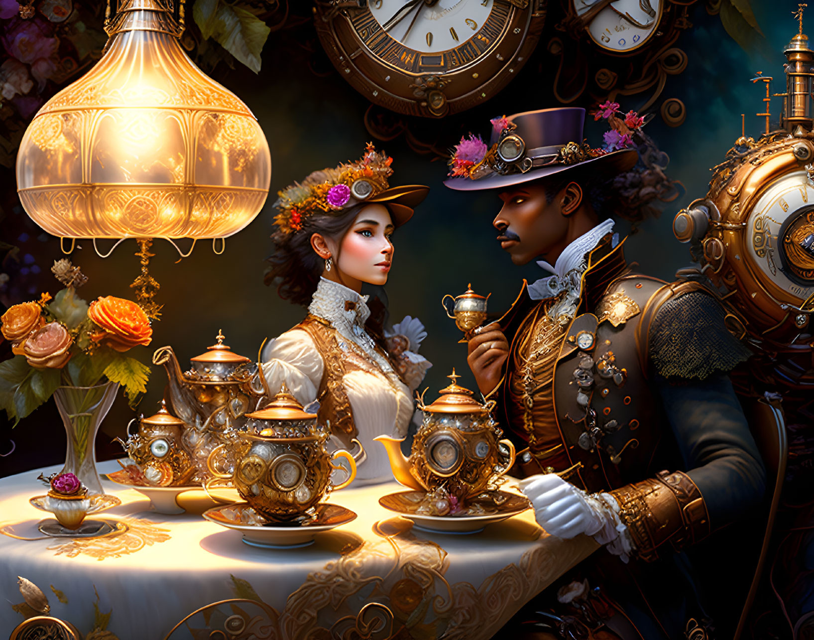 Victorian-style couple in steampunk attire tea party with gold tea set