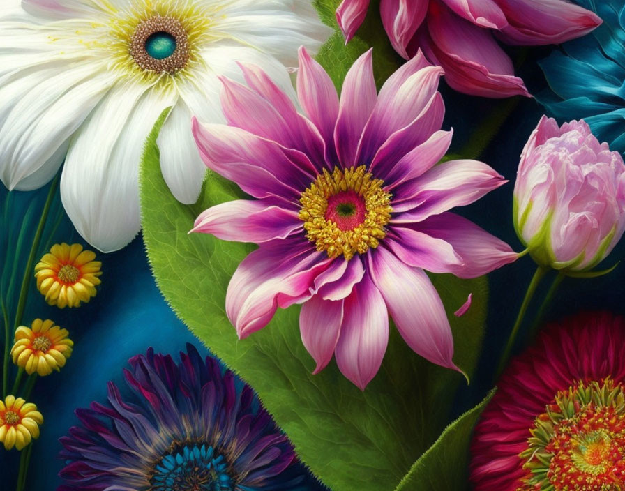 Assorted colorful flowers digital painting with detailed petals and textures