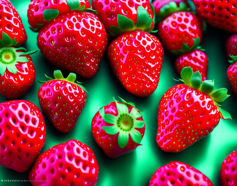 Vibrant red strawberries on green surface with shallow depth of field