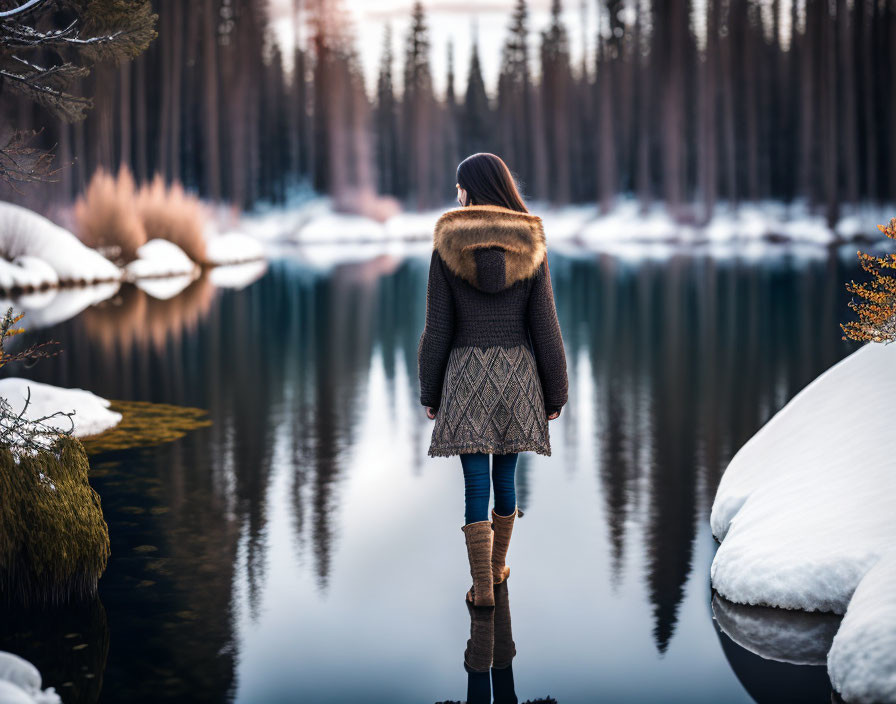 Person in warm winter clothing by tranquil snowy lake