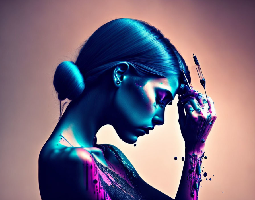 Woman with Neon Makeup and Body Paint Holding Syringe in Dramatic Lighting